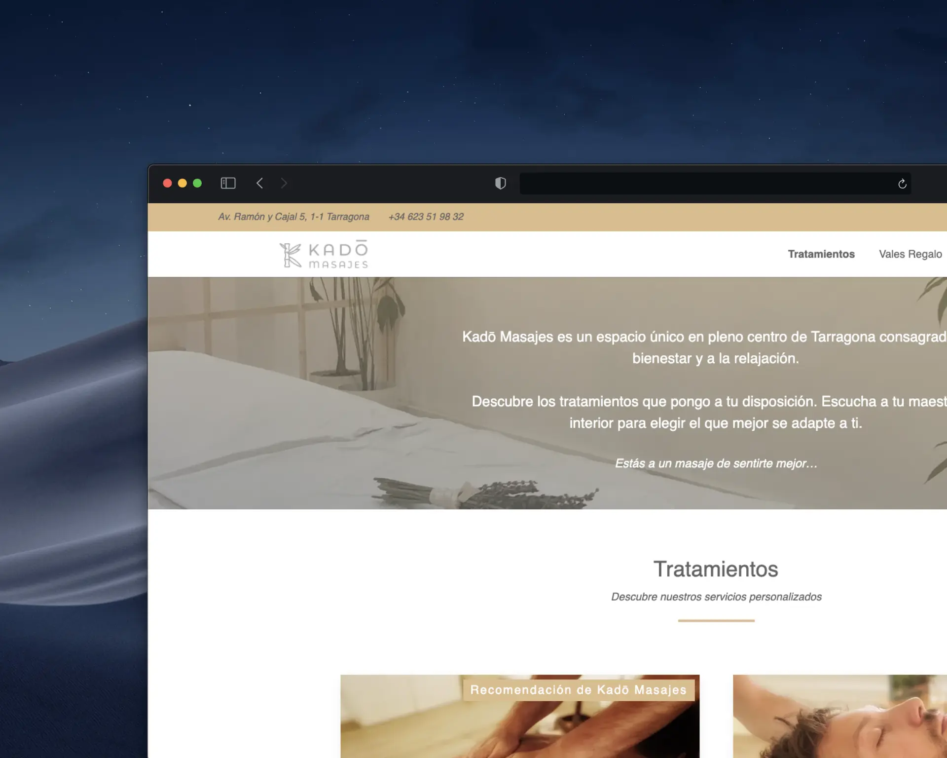 Captura de pantalla del proyecto Kado Masajes - Página Web Corporativa